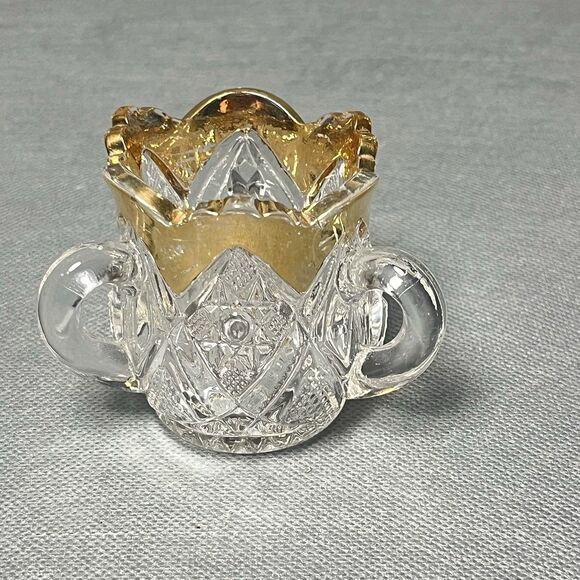 Antique US Glass Toothpick Holder/Bud Vase 3 Handles  Gold Trim Uranium UV - Picture 7 of 11